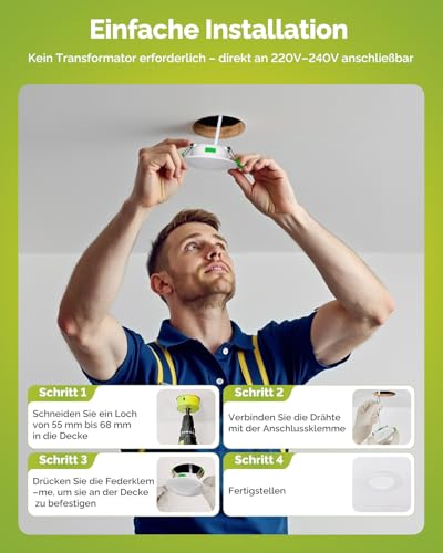 Fondiiz 6er LED Einbaustrahler 230V, 3.5W 340LM LED Spots 55mm - 68mm Lochmaß, Deckenspots 3000K Warmweiß 4500K Neutralweiß 6000K Kaltweiß, IP44 Einbauspots Ultra Flach für Badezimmer Küche