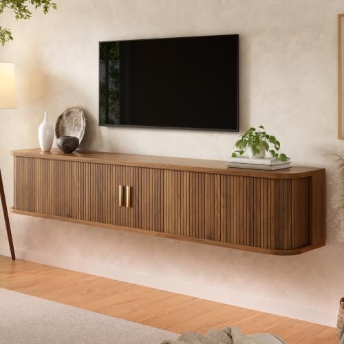 DACHETOU Mueble de TV para colgar en la pared, 175 x 30 x 30 cm, color nogal, frontal con ranura vertical, cuerpo de MDF, salón