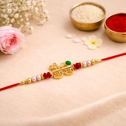 Image of JAIPUR ACE Designer Shree Radhe Rakhi with Pearl & Stone Beads- Premium Gold Finish Raksha Bandhan Thread for Brother,Rakhi with Elegant Red String and Festive Traditional Design (Radhe Radhe Rakhi)