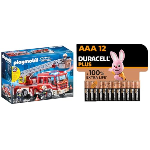 PLAYMOBIL City Action 9463 Vehículo de Bomberos con Escalera con Luces y Sonido, a Partir de 5 años + Pilas alcalinas Duracell Plus AAA, Pack de 12