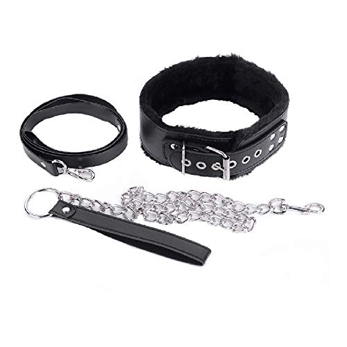 AOTENG STAR PU Leather Fur Collars Choker with Chain Detachable Leash for Women -Black