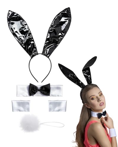 gagift world 16.5IN Extra Large Black Bunny Ears, Fun Costume Accessory Set with Headband, Cuffs,Bow Tie and Tail for Girls & Women – Perfect for Halloween Easter Dress-Up Parties