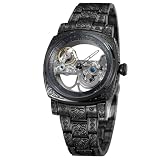 CARLIEN Orologio da polso da uomo, vintage, quadrato, meccanico, scheletro, in acciaio inossidabile, design luminoso, modello tatuaggio, nero, Moda, Vintage, Affari