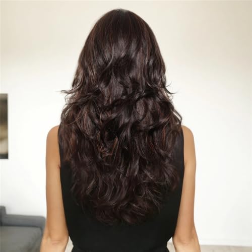 Peruki do włosów Long Body Wave Synthetic Wigs Dark Brown Highlight Red Golden for Women Daily Use Loose Middle Part Wig Heat Resistant