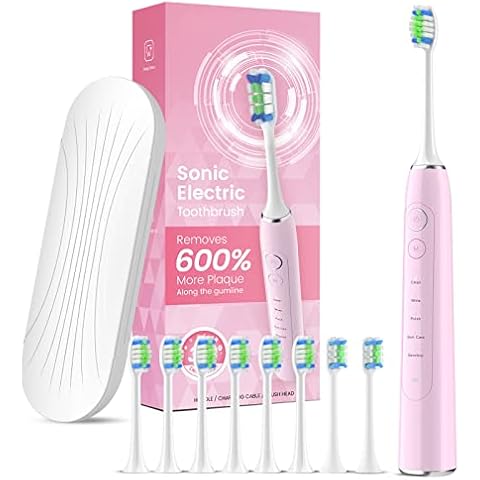 Sonic Electric Toothbrush for Adults, Rechargeable Tooth Brush with 8 Duponts Brush Heads, Travel Case, 5 Cleaning Modes, 2 Minute Smart Timer, Pink Cover