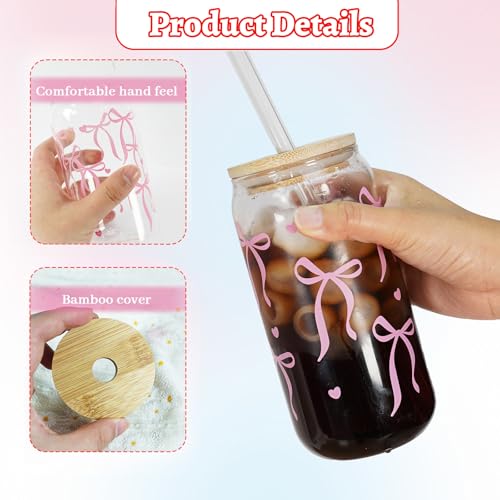 Charming Mason Life Glass Tumblers with Lids and Straws, Pink Bow Iced Coffee Cup, Decorative Bow Aesthetic, 18oz Cute Glass Drinking Tumbler with Keychain Gifts for Women and Friends - Image 2