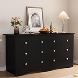 Shahoo Wood Dresser for Bedroom, Wide Chest of Drawers with 6 Drawers,Storage Tower Unit, Modern Closet Store Organizer for Living Room, Hallway (Black)