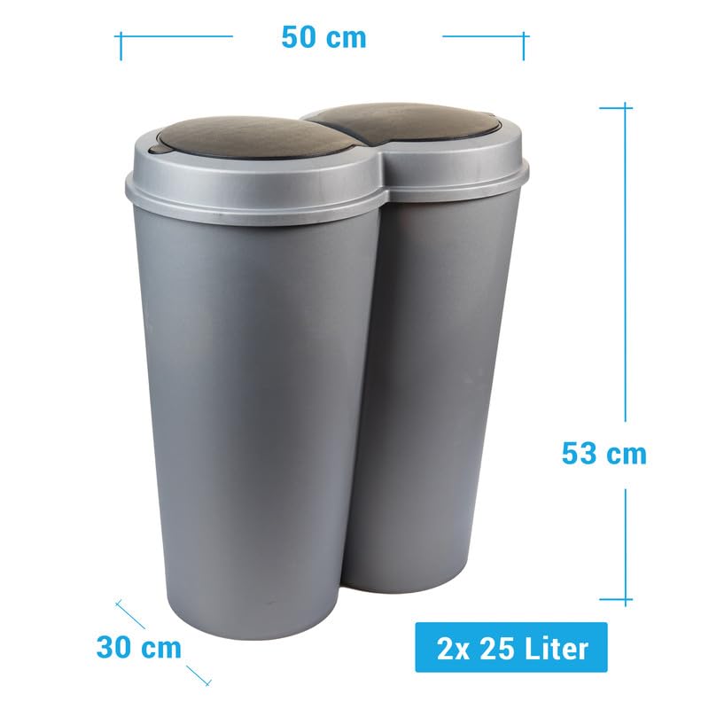 SUSTANIA Pattumiera grigia da 1 50 l con coperchio scorrevole nero 25 cm x altezza 68 cm – Pattumiera grande in plastica per cucina e ufficio