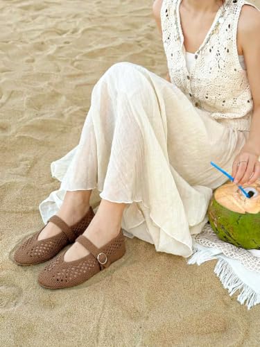 Image of Woven Ballet Flats Women Mesh Raffia Flats Round Toe Mary Janes Comfortable Ballerina Flat Shoes