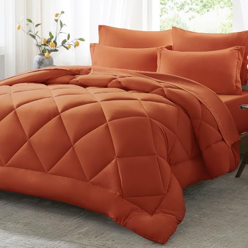 Anluoer Full Comforter Set,Burnt Orange Bed in a Bag 7 Piece,Lightweight Bedding Set with Soft Down Alternative Fill,Bed Set Includes Comforter, Fitted Sheet, Flat Sheet,Pillowcases and Shams