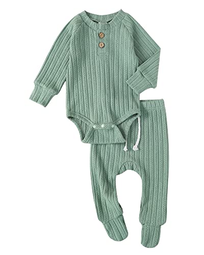Newborn Baby Girl Clothes Infant Outfits Knit Cotton Button Long Sleeve Romper Footed Pant Set Winter Clothes Green 3-6 Months #TOP4