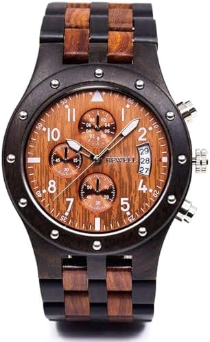 BEWELL W109D Sub-dials Wooden Watch Quartz Analog Movement Date Wristwatch for Men