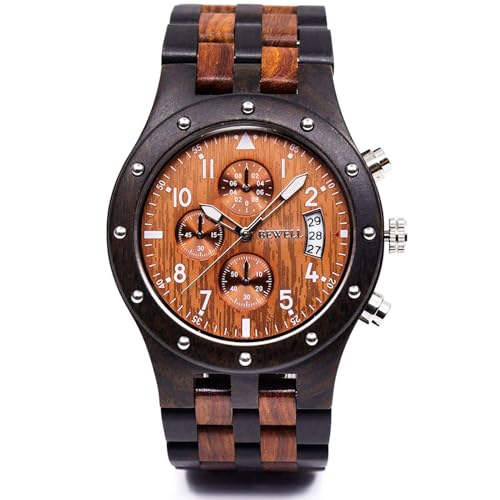 BEWELL W109D Sub-dials Wooden Watch Quartz Analog Movement Date Wristwatch for Men (Black and red)