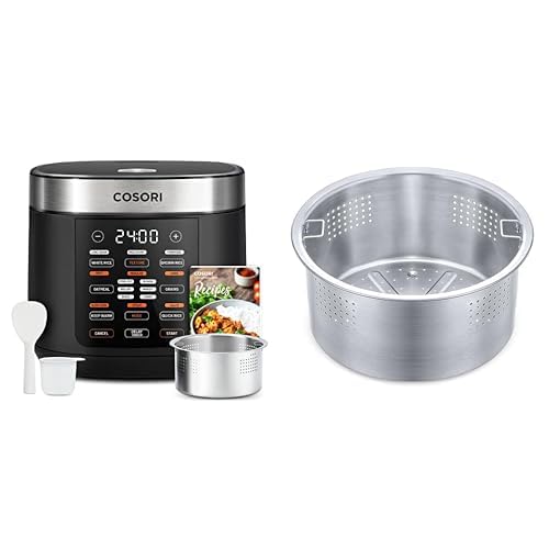 Image of COSORI 18 Functions Rice Cooker, 24h Keep Warm & Timer, 10 cup Uncooked Rice Maker with Stainless Steel Steamer, Saute, Slow Cooker, Black with COSORI 3-Quart Steamer Stainless Steel Steam Basket