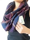 stylesilove Winter Plaid Infinity Scarf with Hidden Zipper Pocket Fashion Travel Scarf for Women and Men (Wine + Navy)