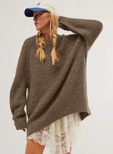 Image of Beaully Women's Oversized Crewneck Sweaters | Oversized style, Tunic sweater, Fuzzy knit, Soft knit, Loose fit, Drop shoulder