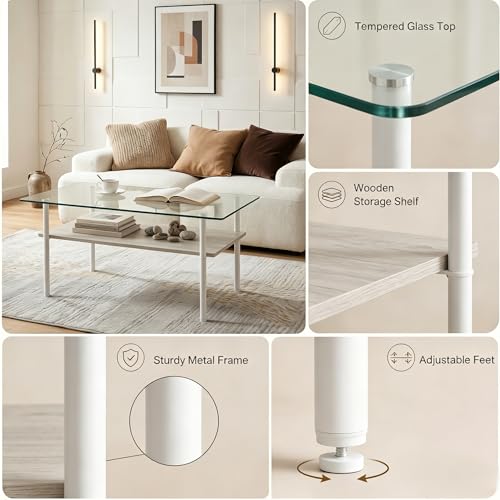 Image of 38.6 inch Glass Coffee Table for Living Room, 2-Tier Modern White Center Table with Tempered Glass Top, Wood Shelf & Metal Legs, Accent Tea Table for Small Space, Apartment,Easy to Assemble