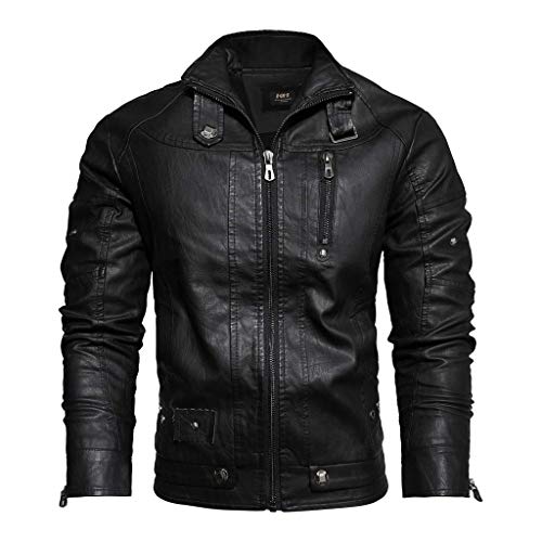 Yumso Revers Blouson Homme Simili Cuir Poche Veste Velours Hiver Chaud Vintage Couleur Unie Zipper Moto Slim Fit Manteau Top