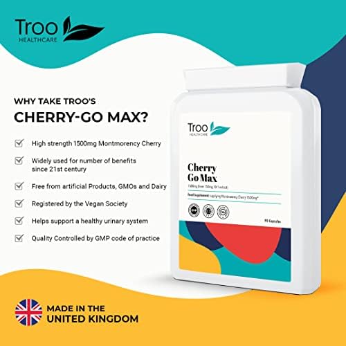 Troo Cherry Go Max Montmorency Cherry 90 Vegan Capsules 3000mg Per Serving - High Strength Freeze Dried Sour Cherries Extract - UK Manufactured to GMP Standards