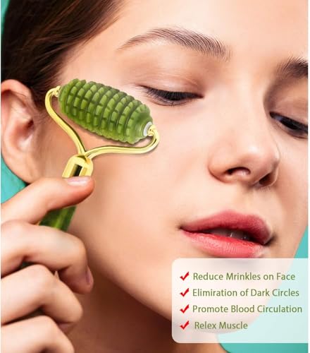 Jade Roller – Rodillo de masaje facial – 100% piedra natural – Rodillo facial antienvejecimiento natural para la hinchazón de los ojos, reafirmante de la piel, rejuvenecimiento de cara y cuello, color - imagen 3