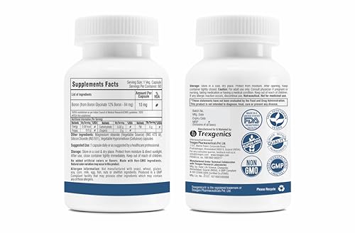 Image of Trexgenics Boron 10 mg XTRA STRENGTH from Boron Glycinate Multi-action Mineral, Bone, Cognitive Function, Reproductive & Joint Health ((60 Veg Capsules)