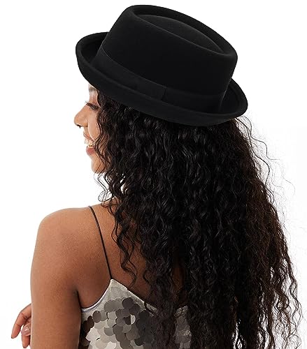 Image of Mens Flat Top Porkpie Hat Bowler Hats - Black Wool Hat with Band(S-M)