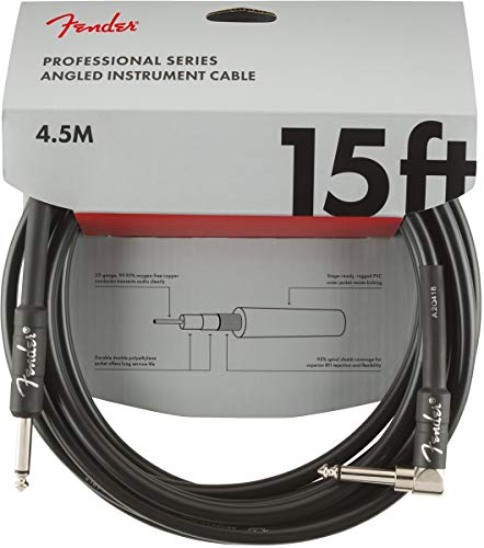 Fender Professional Series Instrument Cable, 15ft, 22 AWG, 95 Percent OFC Spiral Shielding, Flexible Road-Ready Black PVC Jacket, Nickel-Plated Connectors, Lifetime Guarantee
