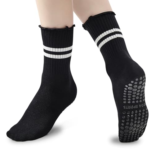 Image of American Trends Pilates Crew Socks for Women with Grips, Non Slip Ruffle Sock for Yoga Barre and Workout