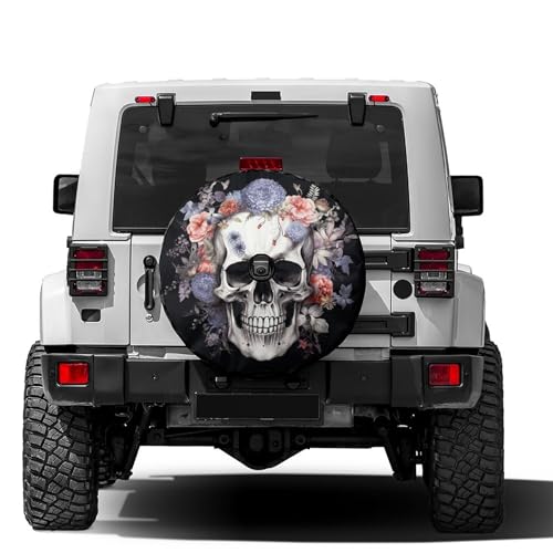 Image of Delerain Spare Tire Cover with Backup Camera Hole Skull Flowers Wheel Covers Waterproof Dust-Proof UV Sun Universal Fit for Trailer RV SUV Truck (18 Inch for Diameter 32 inch-34 inch)