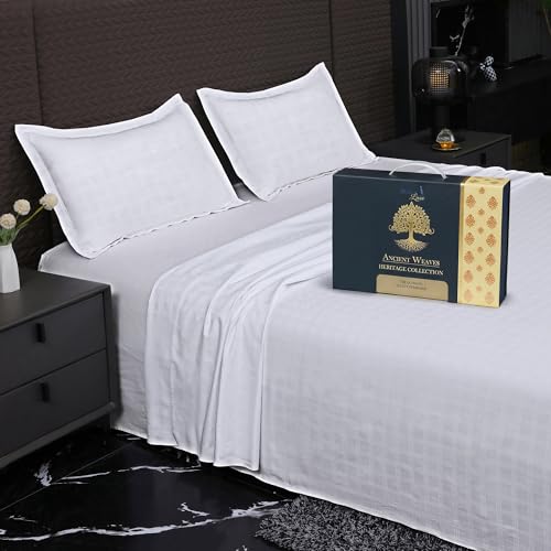Image of Story@Home Long Staple Premium Cotton Compact Yarn Feel Glace Cotton Flatsheet Checks Printed King Size Double Bed Bedsheet with 2 Pillow Cover (108 inchx108 inch, White Checks) 500TC