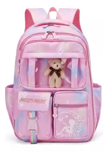 Mochila Escolar Infantil Feminina Estampada, Espaçosa, Grande, Volta às Aulas, com Estojo Acoplado e Urso (Rosa)