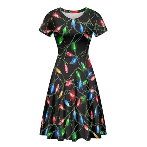 Image of POLERO Women Puffy Swing Elegant Party Midi Dresses Short Sleeve Round Neck A-Line Dress