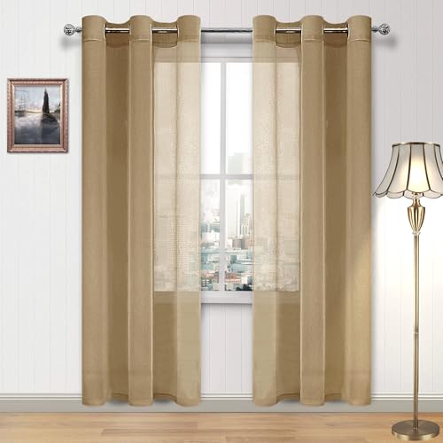 DWCN Sheer Curtains, Grommet Top Window Curtains for Bedroom Living Room, Faux Linen Look Voile Semi Transparent Solid Sheer Curtains Set of 2 Panels 42 x 84 Inch Long, Taupe