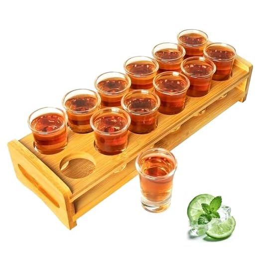Juego de vasos de chupito, soporte de cóctel de madera y vaso de chupito, organizador de 12 agujeros con cristal transparente, whisky, brandy vodka ron en casa fiesta bar