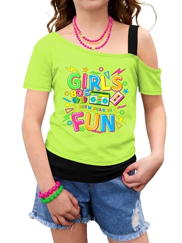 SWTJIC Kid Girls 80s Costumes Girls Just Wanna Have Fun 80s Outfit Off The Shoulder Shirt Neon Green 11-12Y