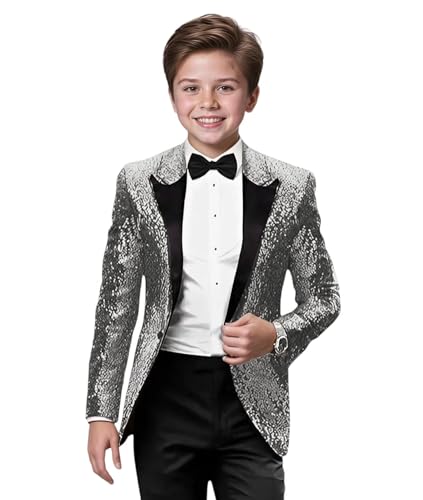 Boys Sequin Blazer Fashion Gradual Change Color Sequins Jacket Boy's Slim Fit Suit for Party Prom Performance Size 12