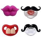 SOLIFEGOBLE Teeth Binky,Silicone Funny Kiss Pacifier, Gentleman Mustache Toy Pacifier, Cute Baby Zombie Tooth Chain, Gift Pacifiers for Boys and Girls, BPA Free, Latex Free, 4 Pack