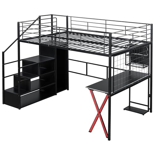 Image of Bellemave Full loft Bed with Storage Stairs, Wardrobe Shelves, Metal Full Loft Beds with LED Lights, Multifunctional Iron Nets for Adults, Kids, Teens, Black