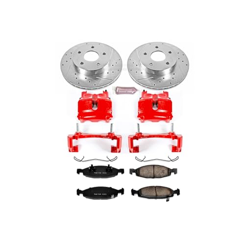 Image of PowerStop Front Brake & Caliper Kit for Jeep Grand Cherokee 1999-02 - Carbon-Fiber Ceramic Brake Pads + Drilled & Slotted Rotors + Red Powder Coated Calipers, KC2147