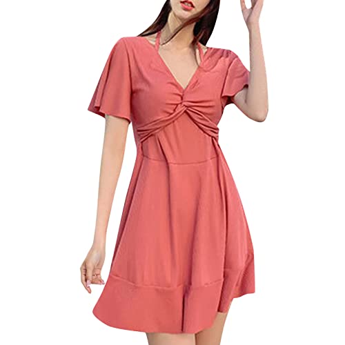 Heavkin Women Fashion Solid Loose Suspender Onepiece Swimsuit Swimwear Bathing Short Sleeve Dress Swimsuit Sexy Bikini Red #TOP20