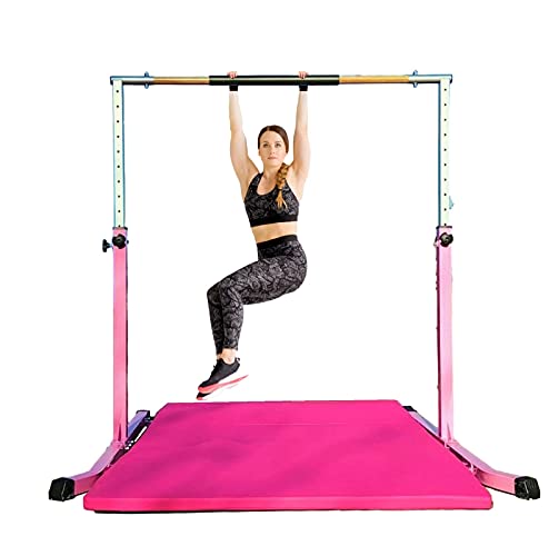 Athletic Bar Kids Gymnastics Horizontal Kip Bar with 6 FT x 4 FT Tumble Mat and Balance Beam Full Set, Adjustable 3 to 5 FT Gymnastic Junior Training Bar for Gymnasts Children, Fiberglass Rail (Pink)