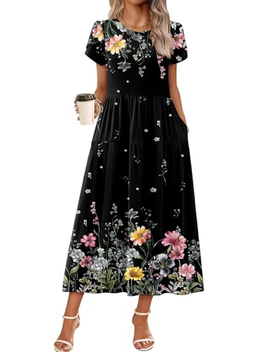 Image of Zeagoo Summer Dresses for Women 2026 Maxi Bohemian Floral Short Sleeve Long Dress Casual Flowy Tired Beach Sundress