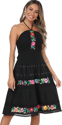 YZXDORWJ Women's Mexican Dress Summer Linen Mini Dress Floral Embroidered Fiesta Dresses4