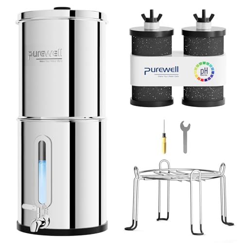 Purewell Filtre à Eau par Gravité 8,5L - Système de Filtration Familial avec Charbon Actif - Purificateur d'Eau pour Robinet et Eau de Pluie - Technologie Ultrafiltration - Grande Capacité