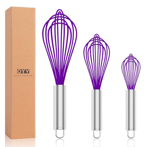 Image of OYV Purple Silicone Whisk, Professional Whisks For Cooking Non-Scratch, Stainless Steel & Silicone Wisk, Plastic Rubber Whisk Tool For Nonstick Cookware Pans, BPA free, Silicon Wisks Set of 3