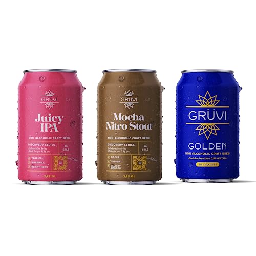 image for Gruvi Non-Alcoholic Beer Variety Pack, 18-Pack, Mocha Nitro Stout, Jui