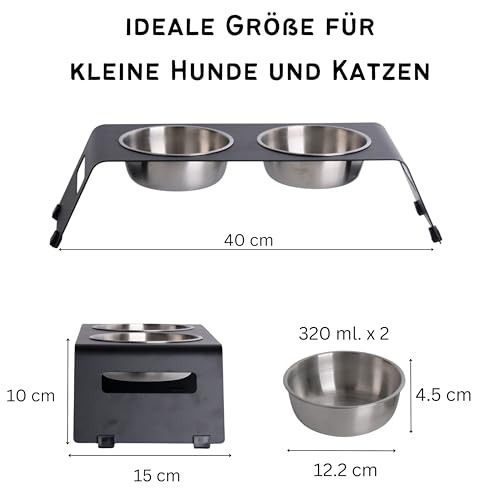 PETLINUS Futterstation Katzen Erhöht, Ergonomischer Katzennapf, Katze Fressnapf Edelstahl und Metall, Futternapf für Katzen und kleine Hunde, fressnapf Katze erhöht - Schwarz