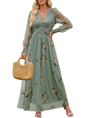 ANRABESS Women's Floral Maxi Dress 2025 Fall V Neck Puff