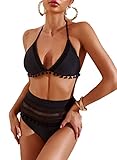 Bdcoco Women's High Waist Two Pieces Bikini Set Padded Stripe Tassel Swimsuit