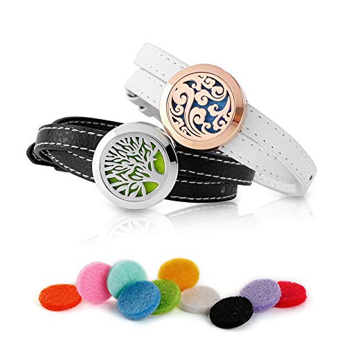 Maromalife 2Pcs Essential Oil Diffuser Bracelet, Stainless Steel Aromatherapy Locket, Adjustable Leather Band, 20 Refill Pads, Gift Set-Silver & Rose Gold Bracelets